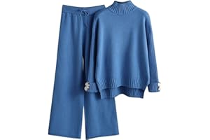 XTBFOOJ Completi da Donna In 2 Pezzi Lavorati a Maglia Top A Maniche Lunghe con Spacco con Bottoni a Metà Autunno Larghi Lavorati a Maglia per Il Tempo Libero Polsino Elastico Set con Pantaloni