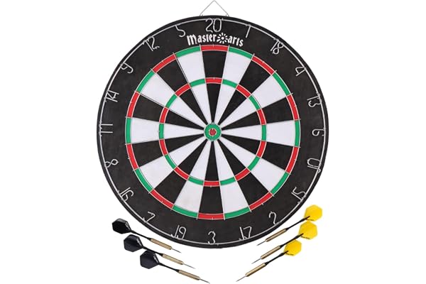 MasterArts Cible Fléchette – Jeu de Flechette 45 cm – avec 6 Projectiles À Pointe Métallique – Cible Double‑Face – avec Crochet De Suspension – Amusement chez Soi Ou Pub