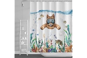 SDOTPMT 122x183cm Gato Divertido Nadar en Submarino Cortinas de baño Mundo océano Tortuga Marina Pulpo Pescado Hierba Marina Cortina de baño para niños niños Cortina de baño con Ganchos