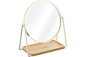 Navaris Lustro stołowe z tacą - dwustronne powiększające lusterko do makijażu 1x/2x z podstawą bambusową - do toaletki, łazienki, sypialni - złote