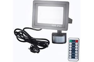 Etrogo Reflektor LED 30 W z czujnikiem ruchu, pilot zdalnego sterowania, 3000 lm, 42 diody LED, 6000 K, zimna biel, możliwość ściemniania, IP66, wodoszczelny, do ogrodu, garażu, podwórka, boiska
