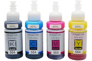 KING OF FLASH 664 Compatible with Epson 664 Ink Cartridges Bottle (T6641 T6642 T6643 T6644), for EcoTank ET-2500 ET-2550 ET-2600 ET-2650 ET-4500 ET-14000 L100 L110 L350 L355 L555 70ml each Bottles
