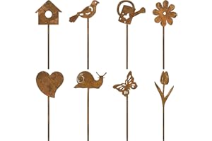BOFUNX 8PCS Signes de Cour Signe de Pelouse en Fer Rouillé Forme de Fleur Oiseaux Cœur Papillon Panneaux Piquets de Jardin Décorations Printemps Extérieures Pelouse Clôture