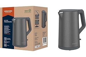 Grundig WK 7340 czajnik elektryczny, moc 2150 W, pojemność 1,5 l, zwijanie kabla, automatyczne wyłączanie, ukryty element grzejny ze stali nierdzewnej, Cool Touch z podwójną ścianką, Dark Inox