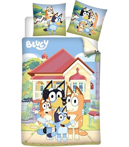 Halantex Bluey Bingo Bandit Chilli Familie Bed Set - Omkeerbaar dekbedovertrek 140x200 cm en kussensloop 70x90 cm - Multicolor - 100% katoen, BY-8594BL