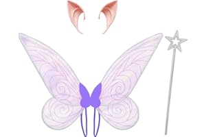 SINSEN Feenflügel Erwachsene Feenflügel Kinder, Fairy Wing Für Mädchen Damen Mit Elfenohren Zauberstab Halloween Karneval Fee Cosplay Kostüm Sich Kostümieren (Lila Flügel Set)
