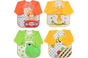 Focenat Baby Toddler Bibs with Sleeves 4Pcs Long Weaning Bib Set Sleeved Waterproof Feeding Apron for Infant 6 Months to 3 Years Kids Painting Smock Play Baking,Cooking, Multicolor