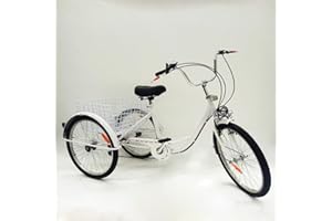 Bazargame Tricycle 24 pouces pour adulte 6 vitesses pliable - Blanc/doré - Pour adultes et personnes âgées - 3 roues - Tricycle pour adulte - Avec panier et lumière