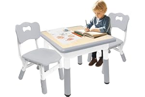KURO-SAGOL Kindertisch mit 2 Stühlen Set 60x60cm Höhenverstellbar kindersitzgruppe für Kindergarten, Ideal zum Spielen, Zeichnen und Malen Leicht zu reinigen Tisch- und Stuhlset für Kinder ab 2 Jahren