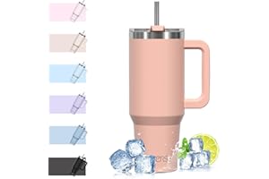 WATERSY 1182 ml Termo con Asa, Grande Taza Termica Acero Inoxidable, 40oz Taza de Café con Pajita, Termo de Agua para Frío y Caliente, Travel Mug Doble Pared, para Gimnasio, Viaje (Rosa)