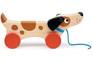 Mentari Wooden Pull Along Toy - Black Puppy on Wheels - Sustainable, Plastic-free Toddler Toy for Kids