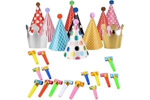 SGERUFZ pcs Kit cappelli compleanno 9 cappelli a cono per feste 2 corone compleanno di carta 10 fischietti colorati per festa