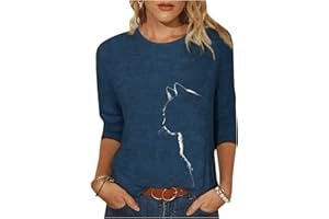 DAWWOTI Femmes Manches Longues T-Shirts Plus La Taille Multi Couleur Chat Imprimer Hauts Casual Ras du Cou