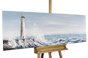 Kunstloft Quadro su tela | 100% DIPINTO A MANO | 150x50cm | Dipinto 'Faro in vista' | Faro | Blu Bianco | Arte moderna