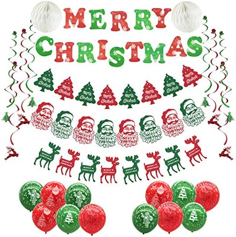 PietyDeco Merry Christmas Bunting Reindeer Tree Santa Claus Banner Hanging Garland Flag with 12 pcs Christmas Hanging Swirl Decoration and 20 pcs Christmas Balloons for Christmas Party Decoration