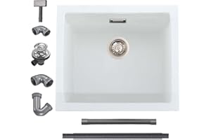 iAnomla Quartz White Kitchen Sink, 50x45cm/20x18in, Composite Inset/Undermount Kitchen Small Sink Waste Kit,Single Bowl Commercial with Overflow, Suitable for Workstation