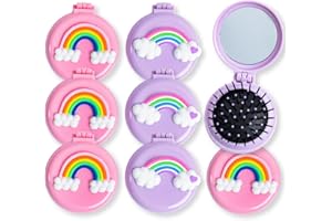 Toyseum 8 x Girls Rainbow Hair Brush with Mirror, Folding Brushes are Ideal Fillers for Kids Party Bags, Small Compact Foldable Brushes for Travel, Favours for Goody Bags & School Prizes, Pack of 8