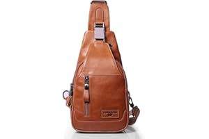 Leathario Sac Poitrine Homme Cuir Véritable avec Trou pour écouteur, Sling Bag pour la Randonnée, les Sports de Plein Air, les Voyages