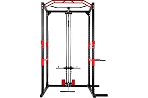 ISE Cage de Musculation Power Rack Cage Squat, Station de Musculation, Barre de Traction et Dips, Barre Multi-Prises et Maintien des Jambes Réglable, Cage Musculation Acier, Rack Musculation
