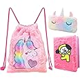 Neel® 3Pcs Unicorn Backpack Shoulder Bag for Girls for School Unicorn Soft Stuffed Cute Bag Unicorn Pencil Pouch Pencil Case Travel Pouch for Girls and Unicorn Furry Diary Notebook for Girls (Combo 1)