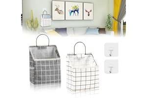 HAOMEEDUO 2 PCS Sac de Rangement Suspendu Mural en Tissu Lin Sac de Rangement Organisateur Mural avec Poche Organisateur Mural Suspendu Carreaux avec 2 Crochets pour Chambre Salle Cuisine (Gris,Blanc)