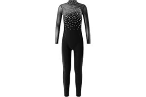 iEFiEL Mädchen Pachwork Gymnastikanzug Ganzkörper Overall Turnanzug Glitzer Tanzanzug mit Strass Leotard Langarm Tanzbody