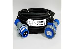FABBRICA CAVI ELETTRICI ELETTRO CAVI K ® ELETTRO CAVI K - PROLUNGA ELETTRICA INDUSTRIALE 15 METRI PROFESSIONALE CAVO H07RN-F 3G2.5 MM² 3 POLI CAMPER CAMPEGGIO CANTIERE BARCA SPINA E PRESA 2P+T IP67 16 A 220 V PORTATA 2,5 KW
