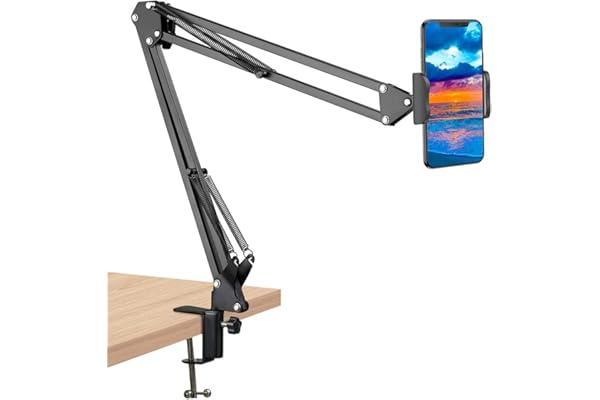 Elfora Adjustable Overhead Mobile Phone Holder with Long Arm for Video Recording, Streaming, Office Use, Cooking, Crafting Videos Compatible with Devices Up to 4-7 Inches (Black)