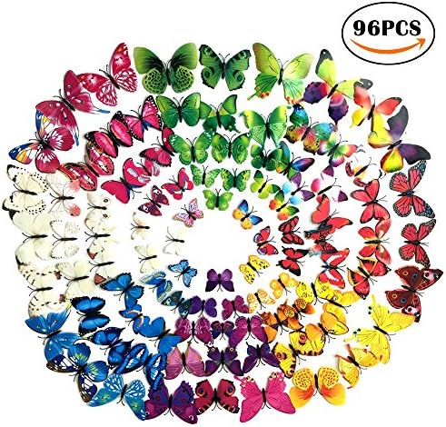 3D Butterfly Decal Wall Sticker, Lnkey 96 Piece Butterfly Wall Decal Butterfly Wall Decor with Glue Dots + Magnet (12 Blue +12 Color +12 Green +12 Yellow +12 Pink +12 Red +12 Purple +12 White)