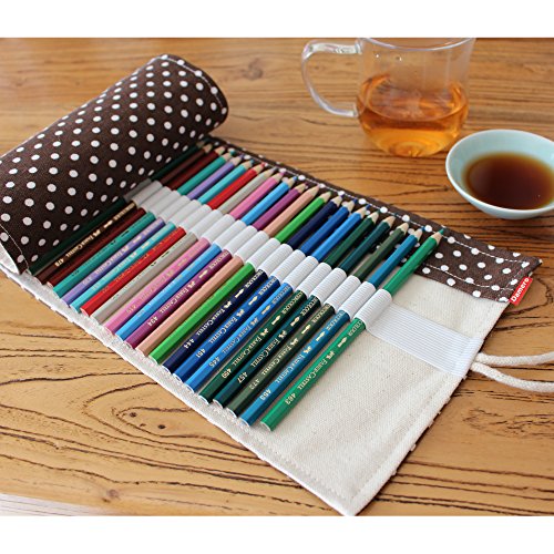Damero 2pcs/pack Canvas Pencil Wrap case, Pencils Organiser Roll Holder For 48 Colored Pencils (NO Pencils included), Coffee Dots+Solid, 48 Holes