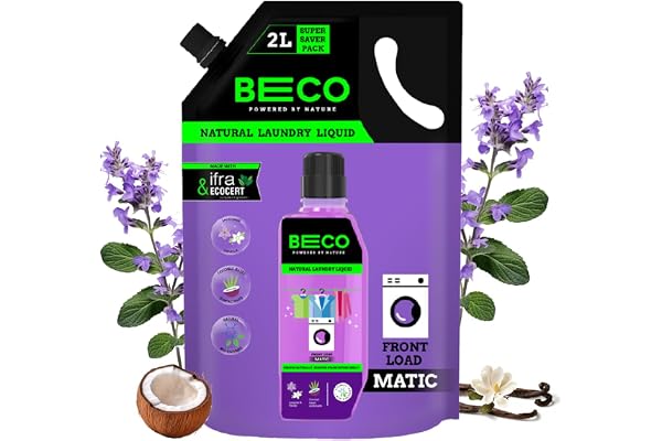 Beco Natural Liquid Detergent Front Load - 2L Refill Pack Tough Stain Removal Lavender & Vanilla Freshness Retains Brightness & Shine Chemical Free Front Load Washing Machine Liquid