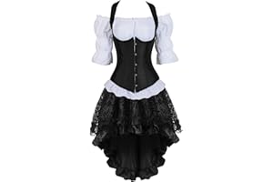 Grebrafan Corset Falda Tul y Blusa Pirata Steampunk Conjunto de Corsés Bajo Pecho Satén