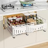YunNasi Cabinet Organizer, White, 2Block 38Dx17Hx32-50H CM | Sliding Storage Shelves, Kitchen Sliding Basket, No Drilling or