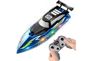 Masroo Remote Control Boat for Kids, Fast RC Boat with LED Lights for Pools & Lake, 2.4GHz Fast Racing Speed Remote Boat for for Ages 8-12, Waterproof, Summer Outdoor Fun for Boys Girls