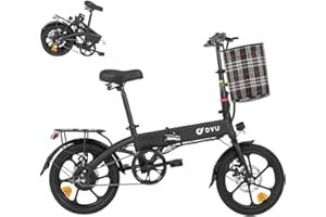 DYU Vélo Électrique Pliant,16 Pouces Urbain E-Bike avec 3 Modes de Conduite, Pédalage Assisté, Hauteur Réglable, Panier Avant Amovible, Portable Compact, Frein à Double Disque, Adulte Unisexe