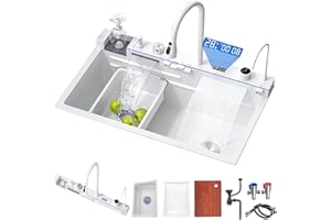 FIVIXIL Évier de cuisine Évier à cascade numérique Whale avec lave-tasses, distributeur de savon, sortie de cascade Flying Rain, commande de table et autres fonctions (Blanc, 68 * 46 * 22cm)