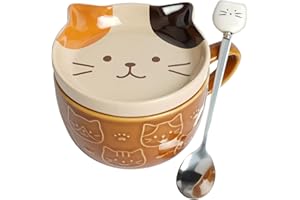 HOTUT Bonita taza de gato con tapa, bonito juego de platillos de taza de café y té, tazas de cerámica Kawaii con soporte para galletas y cuchara, divertidas tazas de desayuno para niñas, amigos, niños