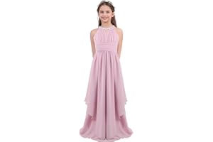 inlzdz Kids Junior Flower Girl Halter Neck Chiffon Wedding Bridesmaid Long Dress Princess Pageant Party Evening Prom Maxi Gown
