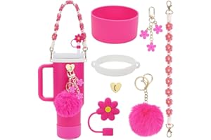 TOEECY Stanley Cup Accessori 7 Pezzi Set Incluse Manico Bottiglia d'Acqua Coperture Cannuccia Custodia in Silicone Portachiavi a Margherita per 30 oz 40 oz Tumbler Coppe Non Incluse (Rosa scuro)