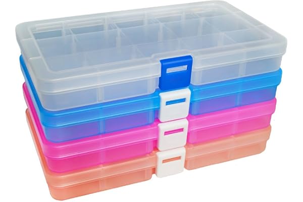 DUOFIRE Plastförvaringsbox, justerbara fack, sortimentlåda, smyckeskrin, verktygsbehållare (4 lådor med 15 fack, 4 färger)
