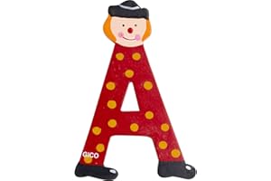 GICO Letras de madera Nombre de habitación infantil Gran decoración para puerta payasos divertidos A-Z Altura aprox. 9 cm Letra de madera 7361 (A)