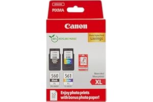 Canon Multipack Cartouche Encre & Papier - PG-560XL/CL-561XL Cartouches d'encre Authentique pour imprimante 2 Pack (1 x Black XL, 1 x Colour XL) & 4x6 Photo Paper (50 x Sheets)