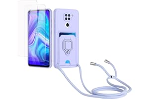 Kaslly Funda con Cuerda para Redmi Note 9+[2 Pack Protector Pantalla],TPU Silicona Case con Ranura para Tarjetas,Cubierta de Cámara Deslizante Proteger,Doble Cara Protección Cover-Púrpura