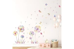 KAIRNE Grande taille Stickers Muraux Pissenlit Coloré,Fleur Sticker Mural Enfants Fille,Autocollant Mural Pissenlits,Autocollant Mural Fleur,Sticker Mural Plantes de Chambre de Bébé Salon Décoratifs