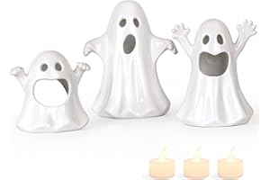 Sunlit Fantasma de cerámica con 3 velas de té, juego de 3 portavelas espeluznantes, decoraciones de Halloween para interiores, esculturas espeluznantes, figuras de fantasma, color blanco