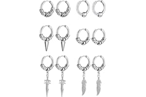 VELESAY 6Paia Cerchio Orecchini in Acciaio Inossidabile per Uomo Donne Huggie Punk Gotico Kpop Orecchini Set Nero Argento