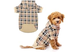 EXPAWLORER Plaid Dog Hoodie British Style - Tartan Pet Clothes Warm Dog Jumper with Lead Hole, Hooded Puppy Sweatshirt Cold Weather Clothing Outfit, Winter Coat for Small Medium Large Dogs, Beige XS