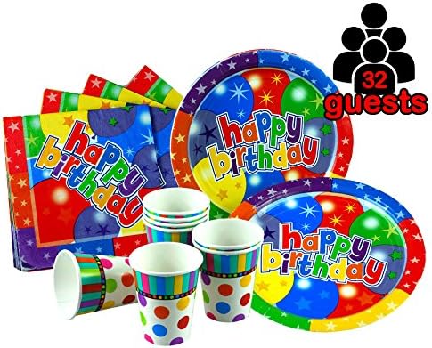 Simpa® Happy Birthday Party Tableware Set - Includes: 9" Paper Plates, 266ml Paper Cups & 16" Paper Napkins - Colourful Unisex Design Partyware Tableware - Set for 32 Guests