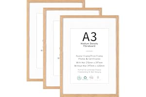 ATOB ART A3 Picture Frame Set of 3, Display A4 with Mat or A3 without Mat, Natural Wood Photo Frames for Wall Mounting or Table Top Display