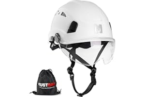 Mustbau Elmetto rigido di sicurezza da arrampicata con visiera trasparente e sottogola 53-63 cm, ideale per costruttori e lavori in altezza, EN12492